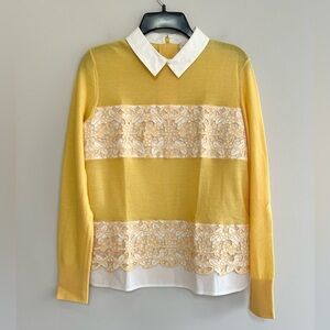 Tory Burch Edwina Embroidered Panel Merino Collared Sweater, Sun Yellow, S/P